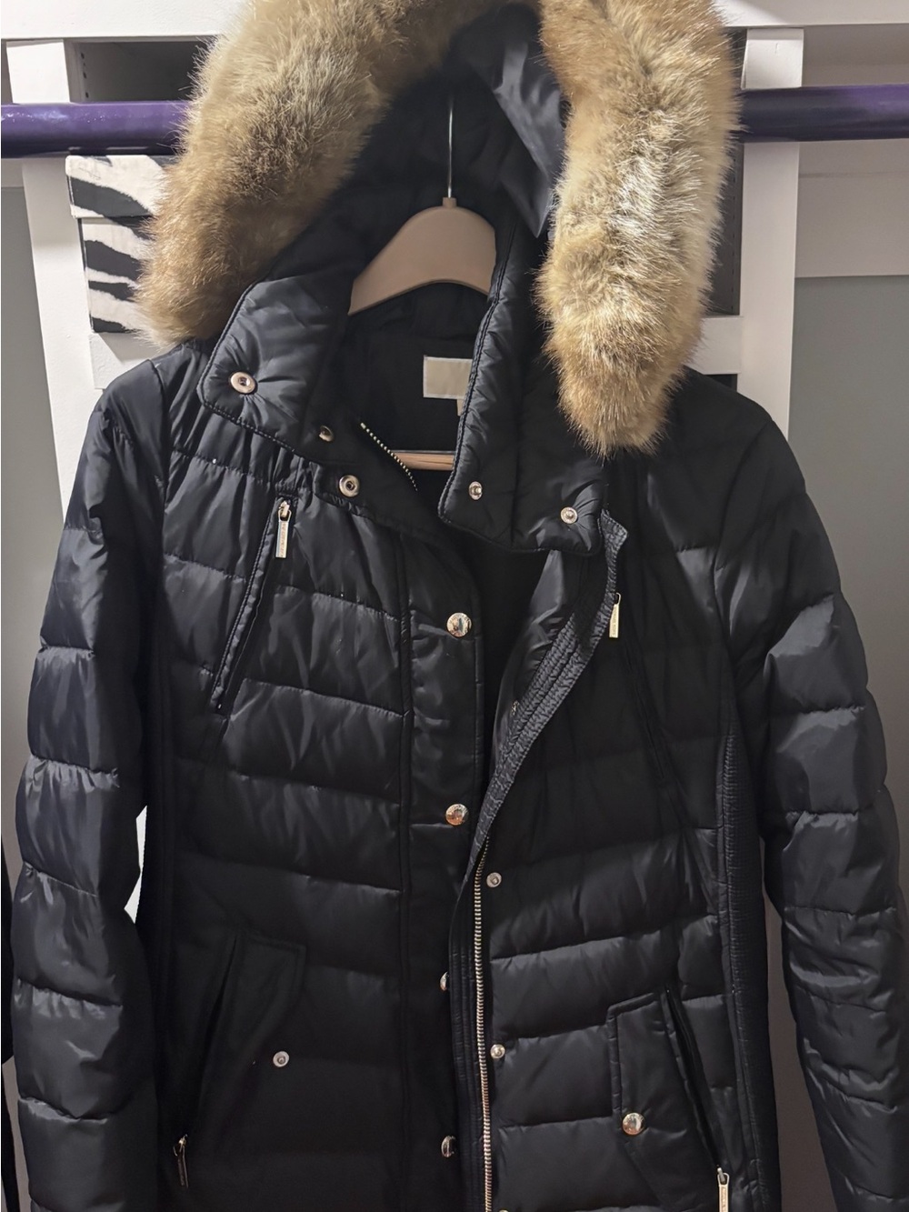 Michael Kors Black Quilted Down Jacket with Faux Fur Trim Hood